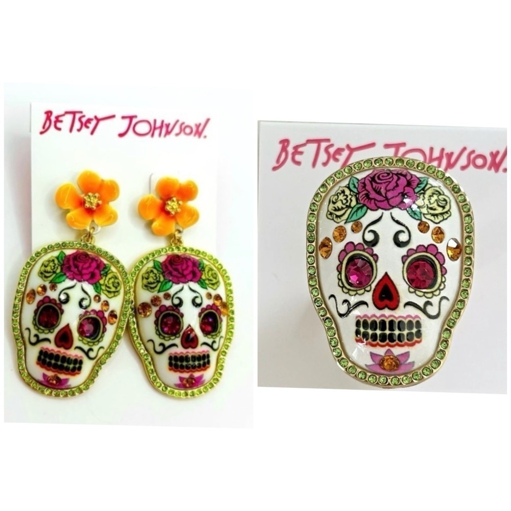 BETSEY JOHNSON SET Mexican Sugar Skull Day of the Dead Earrings & Ring NEW NWT